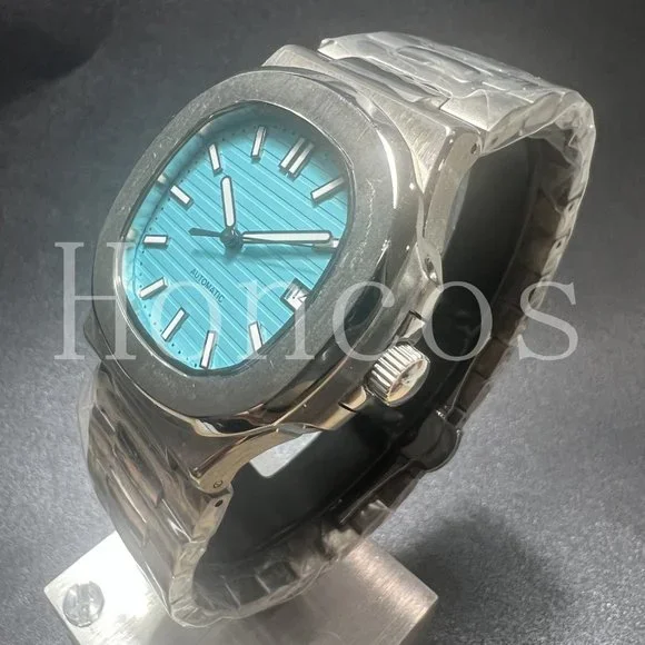 Custom Made Watch Nautilus Style Automatic Movement Silver Case Blue Dial NH35